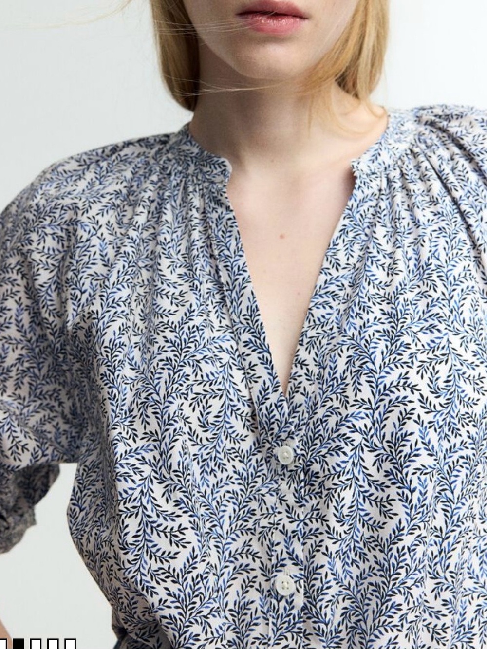 H&M Blue and White Leaf-Print Button Front Blouse